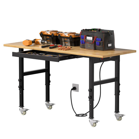 Granper 60" Adjustable Height Workbench, Solid Wood Work Table with Drawers and Power Outlet, Garage Workbench with Wheels, 2000 LBS Load Capacity, Heavy-Duty Tool Workbench for Workshop, Off - WoodArtSupply