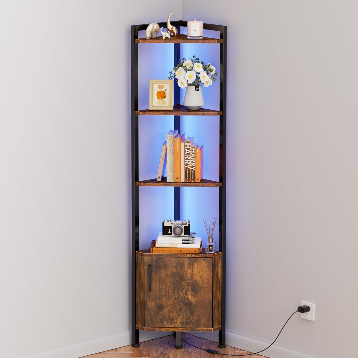 Furnulem Corner Shelf, Narrow Corner Bookshelf LED,5-Tier Corner Cabinet with Storage, 62.8” Standing Display Shelf for Bedroom, Living Room, Kitchen, Wood Display Shelf (Rustic Brown) Furnulem