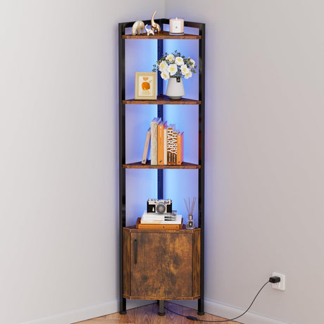 Furnulem Corner Shelf, Narrow Corner Bookshelf LED,5-Tier Corner Cabinet with Storage, 62.8” Standing Display Shelf for Bedroom, Living Room, Kitchen, Wood Display Shelf (Rustic Brown) Furnulem