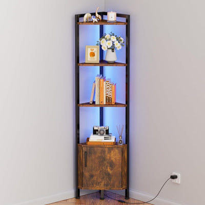 Furnulem Corner Shelf, Narrow Corner Bookshelf LED,5-Tier Corner Cabinet with Storage, 62.8” Standing Display Shelf for Bedroom, Living Room, Kitchen, Wood Display Shelf (Rustic Brown)