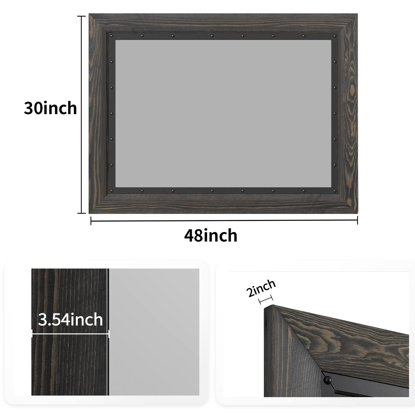 YOSHOOT Rustic Wooden Framed Wall Mirror, 48"x30", Natural Wood and Iron Bathroom Vanity Mirror for Farmhouse Decor, Vertical or Horizontal Hanging