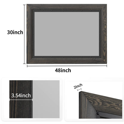 YOSHOOT Rustic Wooden Framed Wall Mirror, 48"x30", Natural Wood and Iron Bathroom Vanity Mirror for Farmhouse Decor, Vertical or Horizontal Hanging