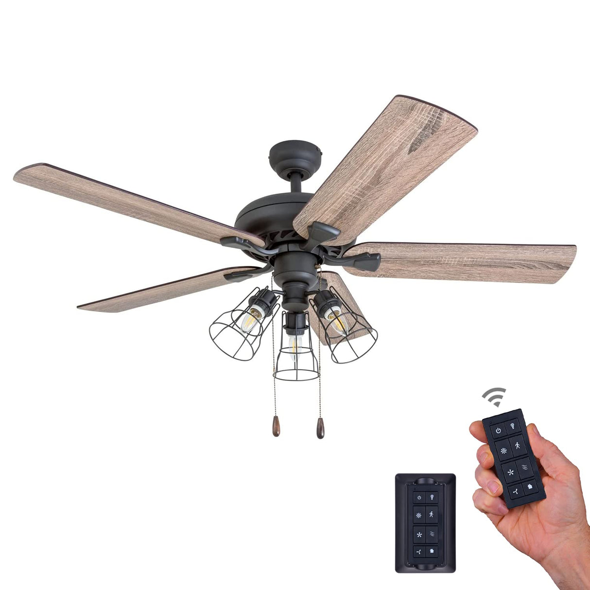 Prominence Home Lincoln Woods, 52 Inch Industrial Style LED Ceiling Fan with Light, Remote Control, Three Mounting Options, 5 Dual Finish Blades, Reversible Motor - 50745-01 (Bronze) Prominence Home