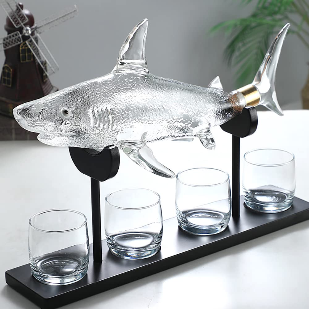 NF Whiskey Decanter Set with 4 Glasses & Wood Stand,1000ml Shark Decanter Glass Liquor Decanter For Whiskey, Scotch, Bourbon Vodka,Gift For Wine Lovers, M NF