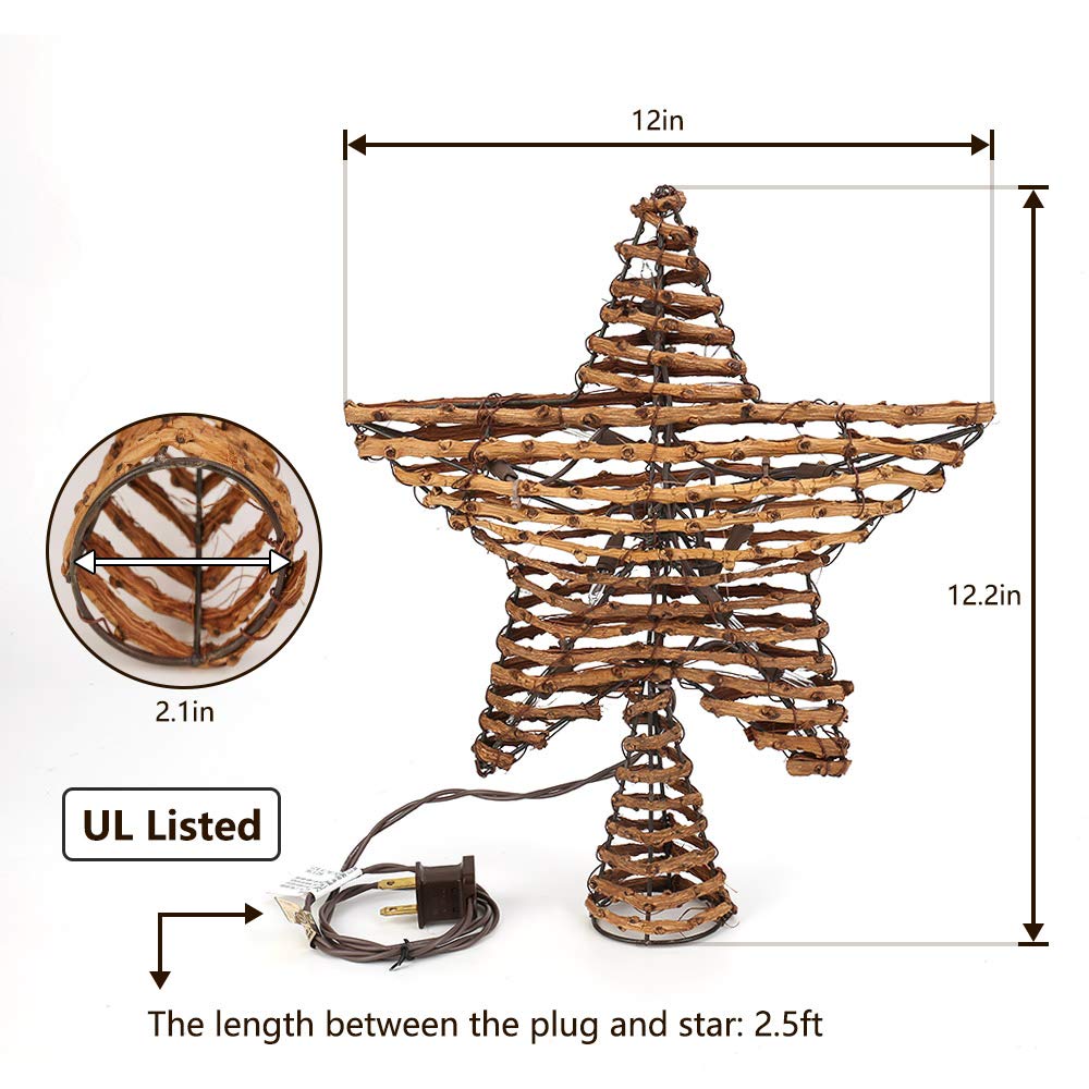 Brizled Christmas Tree Topper, 12-inch Rattan Star Treetop with 10 Warm White Lights, 120V UL Certified Xmas Tree-top Star Lights for Christmas Tree Ornament Indoor Party Home Decoration