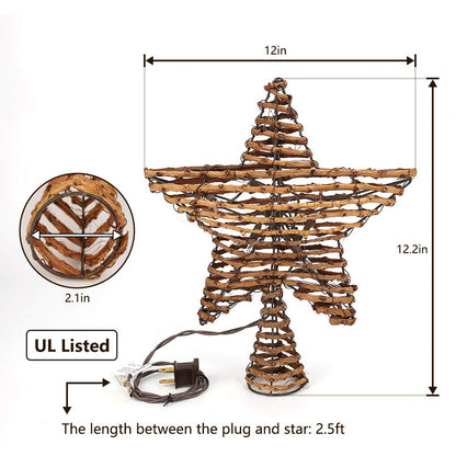 Brizled Christmas Tree Topper, 12-inch Rattan Star Treetop with 10 Warm White Lights, 120V UL Certified Xmas Tree-top Star Lights for Christmas Tree Ornament Indoor Party Home Decoration