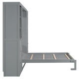 Merax Murphy Bed Queen Size, Built-in Shelves, Storage Drawers and Wardrobe, Wood Folding Wall Bedframe for Guest Room, Home Office, Grey Merax