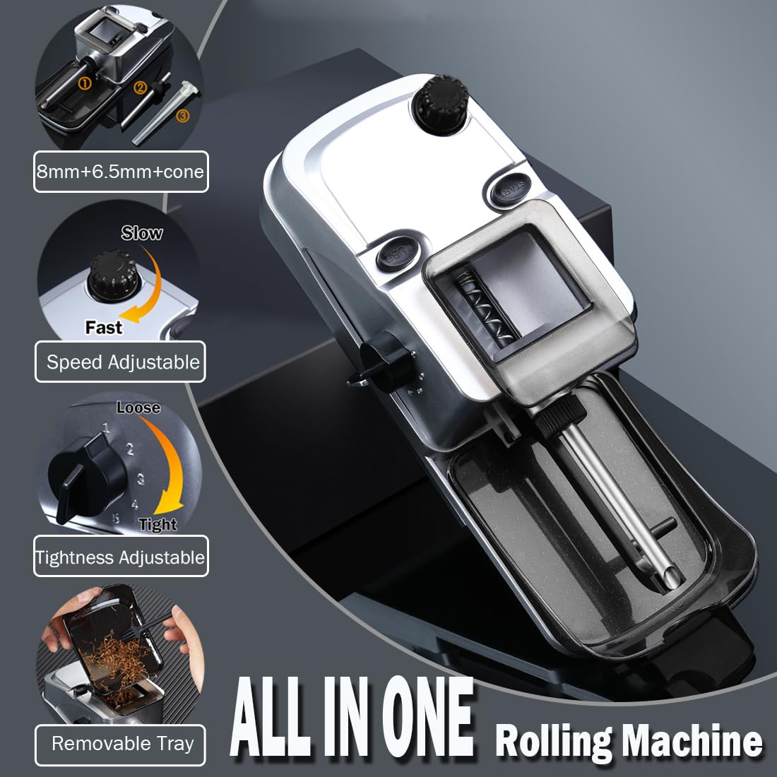 Laicengo Electric Cigarette Rolling Machine, Pre Roll Machine, Cones Rolling Machine, Automatic Tobaco Roller Maker, 3 in 1 for King/Regular Size Cigarettes 6.5 mm & 8 mm Tube and Pre Roll Cones Laicengo