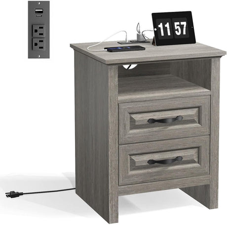 Amada Farmhouse Nightstand with Charging Station, 18.9 Inch Wide Bedside Table with 2 Drawers, USB A Port, USB C Port, 2 AC Outlets, Rustic Farmhouse End Table for Bedroom, Gray AMADA HOMEFURNISHING