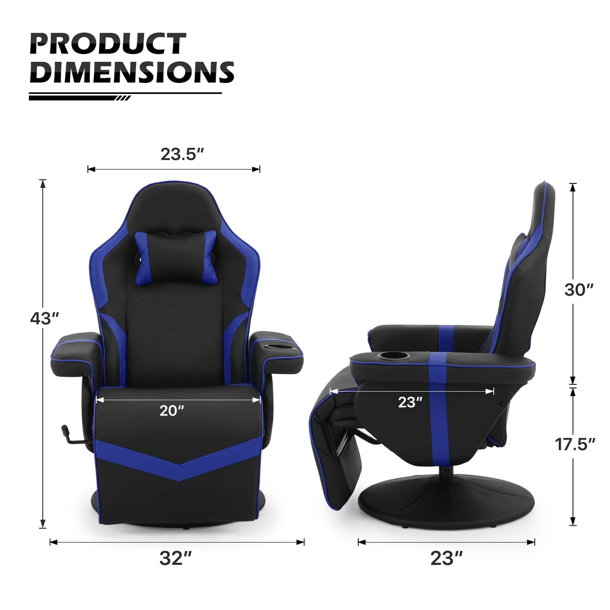 MoNiBloom Reclining Gaming Chair Ergonomic Game Recliner Chair Adjusted PU Leather Reclining Video Gaming Single Sofa with Retractable Footrest, Swivel Theater Seating Gaming Couch w/Cup Holder, Blue MoNiBloom