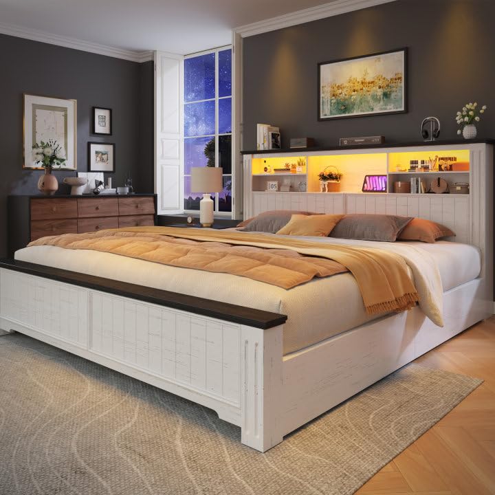 EnHomee King Bed Frame and Headboard, King Size Bed Frame with 4 Storage Drawers, King Bed King with LED Lights & Charging Ports,No Box Spring Needed,NO Noise,Wooden, White EnHomee