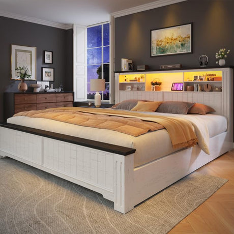 EnHomee King Bed Frame and Headboard, King Size Bed Frame with 4 Storage Drawers, King Bed King with LED Lights & Charging Ports,No Box Spring Needed,NO Noise,Wooden, White EnHomee