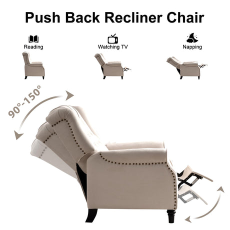 EBELLO Pushback Recliner Chair, Fabric Armchair Push Back Recliner with Rivet Decoration, Mid Century Wingback Accent Chair for Living Room, Bedroom, Beige EBELLO