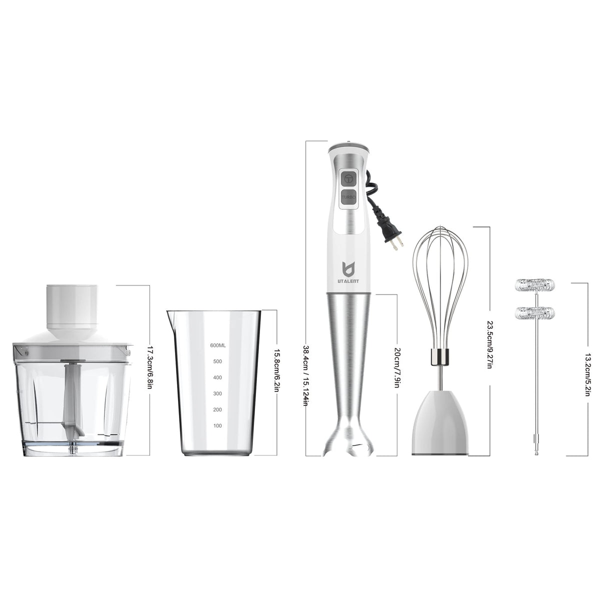 Immersion Hand Blender, UTALENT 5-in-1 8-Speed Immersion Blender with 500ml Food Grinder, 600ml Container,Milk Frother,Egg Whisk,Puree Infant Food, Smoothies, Sauces and Soups - White UTALENT