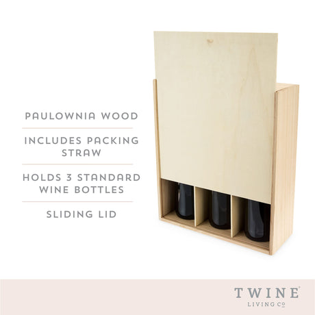 Twine Paulownia Wood Wine Large Gift Box, Festive Wine Wooden Box, Wine Boxes for Gifts, Wood Box, Wine Bottle Gift Box, Wine Storage, Wine Bottle Box, Wine Accessories, Fits 3 Standard Wine Bottles Twine