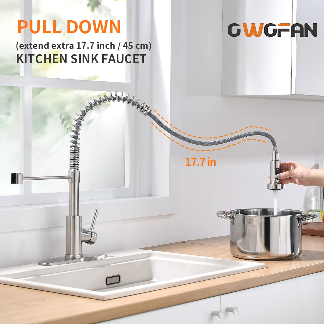 OWOFAN Kitchen Faucet with Pull Down Sprayer Brushed Nickel Stainless Steel Single Handle Pull Out Spring Sink Faucets 1 Hole Or 3 Hole Dual Function for Farmhouse Camper Laundry Utility Rv Wet Bar OWOFAN