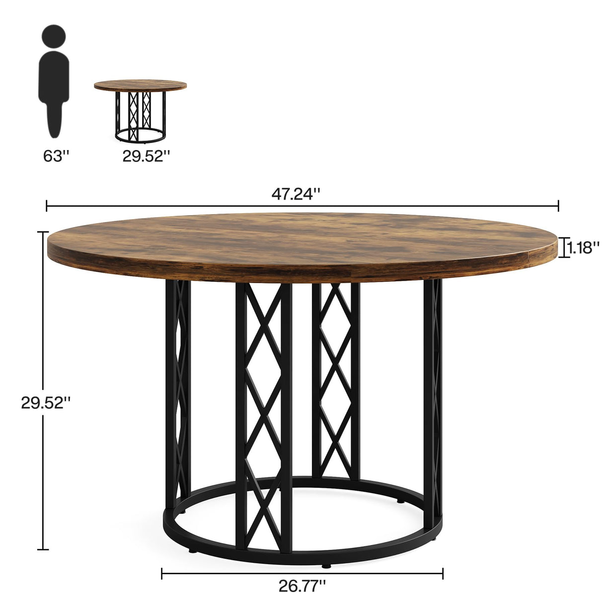 Tribesigns Round Dining Table for 4 People, 47" Modern Kitchen Table with Wood Grain Surface & Metal Base, Rustic Round Table for Dining Room, Living Room, Brown & Black（Only Table） Tribesigns