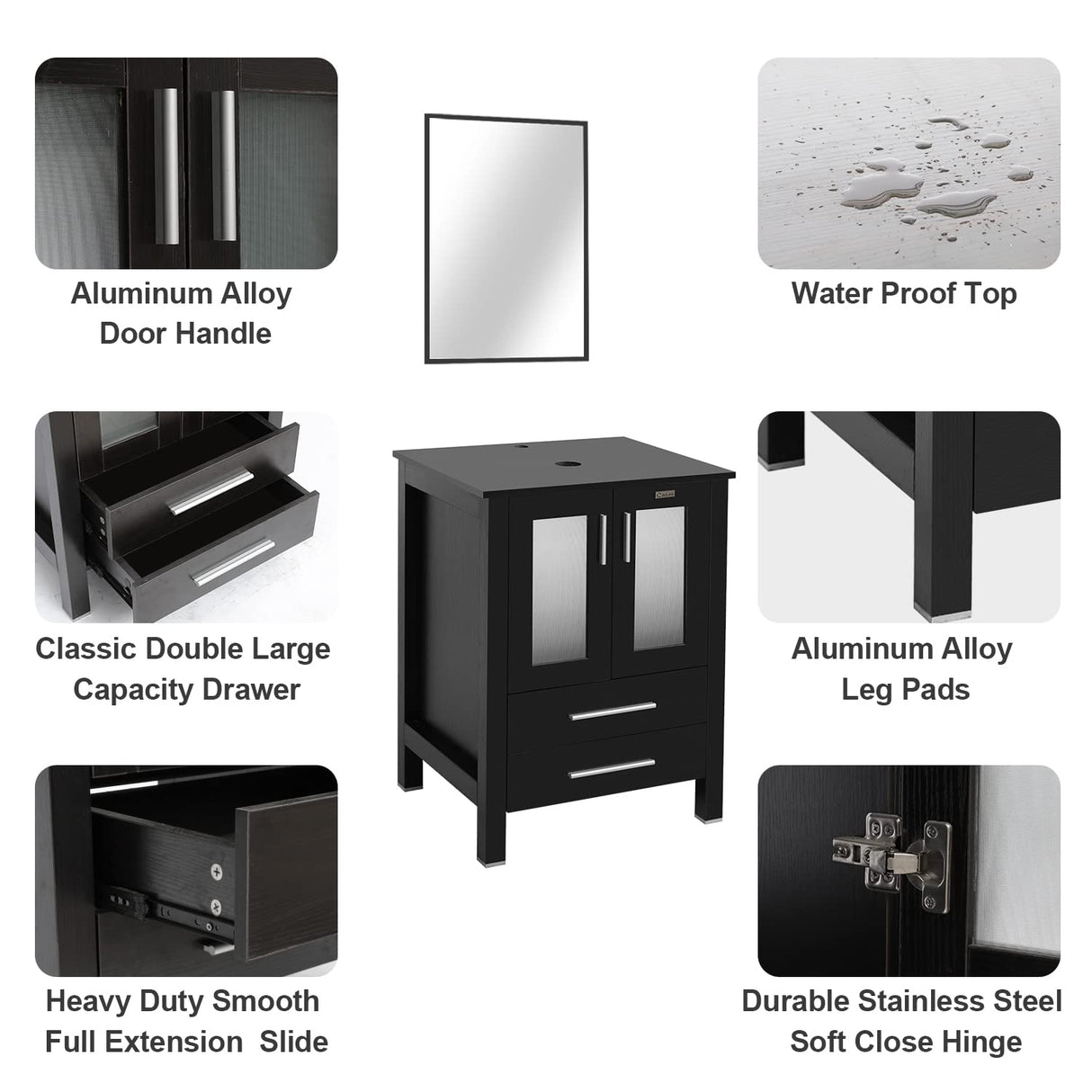 eclife 24" Modern Bathroom Vanity Sink Combo Black Stand Cabinet with Blue Boat Tempered Glass Vessel Sink & Water Save Faucet & Pop Up Drain (A29BU) eclife