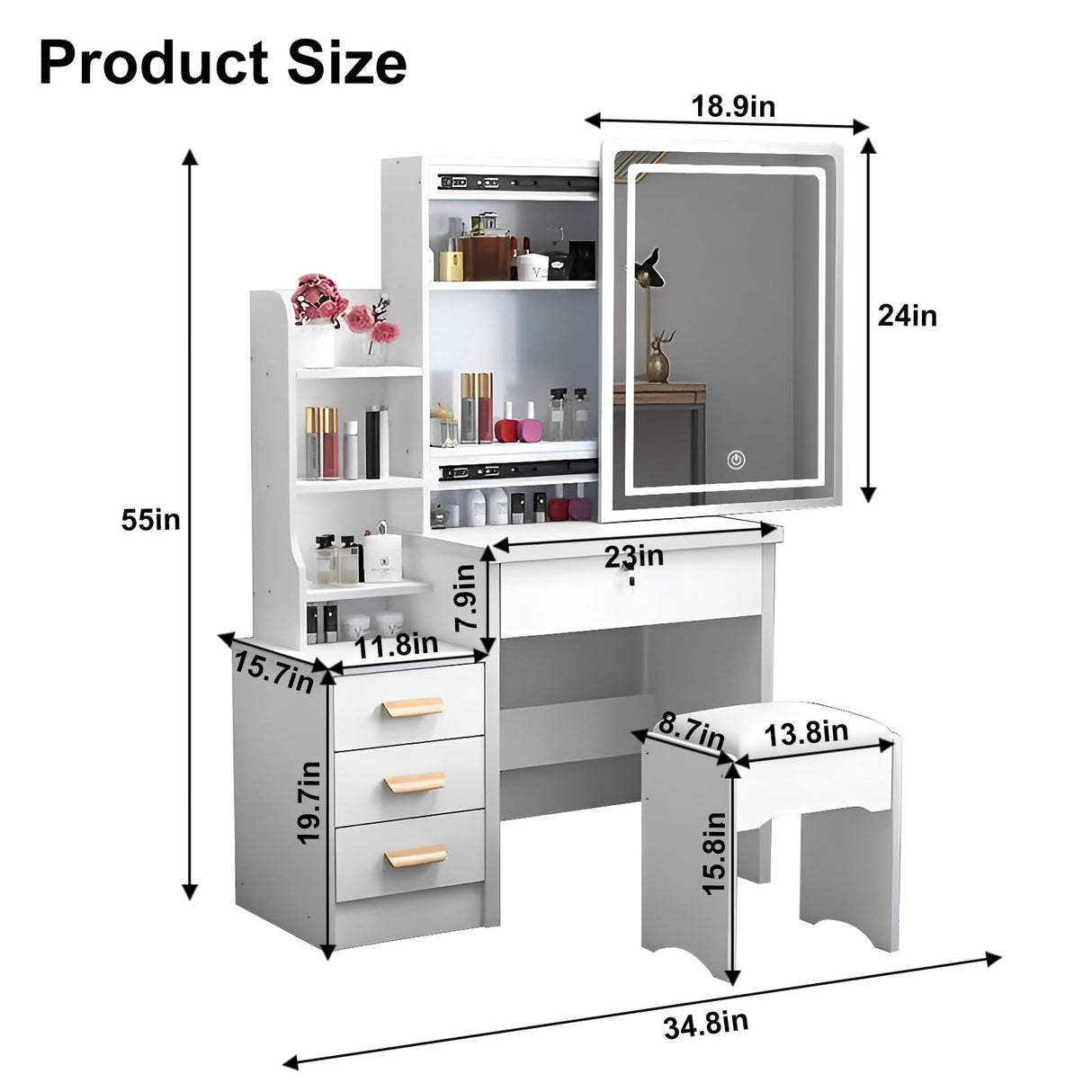 Vanity Desk With Mirror and LED Lights,Small Vanity With 4 Storage Drawers and Cushioned Stool,White Makeup Vanity Desk Set With Extra Large Sliding LED Mirror,3 Lighting Modes,Brightness Adjustable WIIS' IDEA