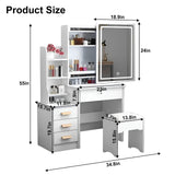 Vanity Desk With Mirror and LED Lights,Small Vanity With 4 Storage Drawers and Cushioned Stool,White Makeup Vanity Desk Set With Extra Large Sliding LED Mirror,3 Lighting Modes,Brightness Adjustable WIIS' IDEA