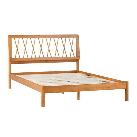 Walker Edison Queen Transitional Geometric X Pattern Headboard Solid Wood Bed, Queen Size, Caramel Walker Edison