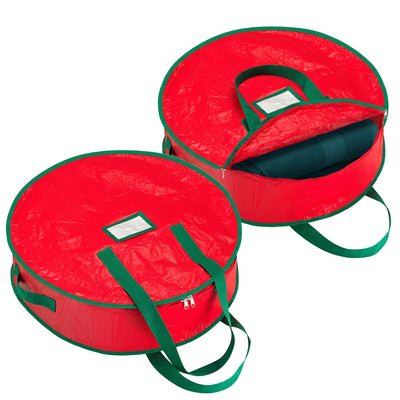 Handy Laundry Wreath Storage Bag 24" - 2 Pack Durable Waterproof Tarp Material with Zipper & Reinforced Handles - For Holiday Décor, Tires, Wheels, Garage or Moving Organization (Red)