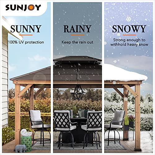 Sunjoy Hardtop Gazebo 11' X 13' Cedar Framed Wood Gazebo with Brown Double Steel Hardtop Roof Permanent Canopy for Garden, Backyard Shade - WoodArtSupply