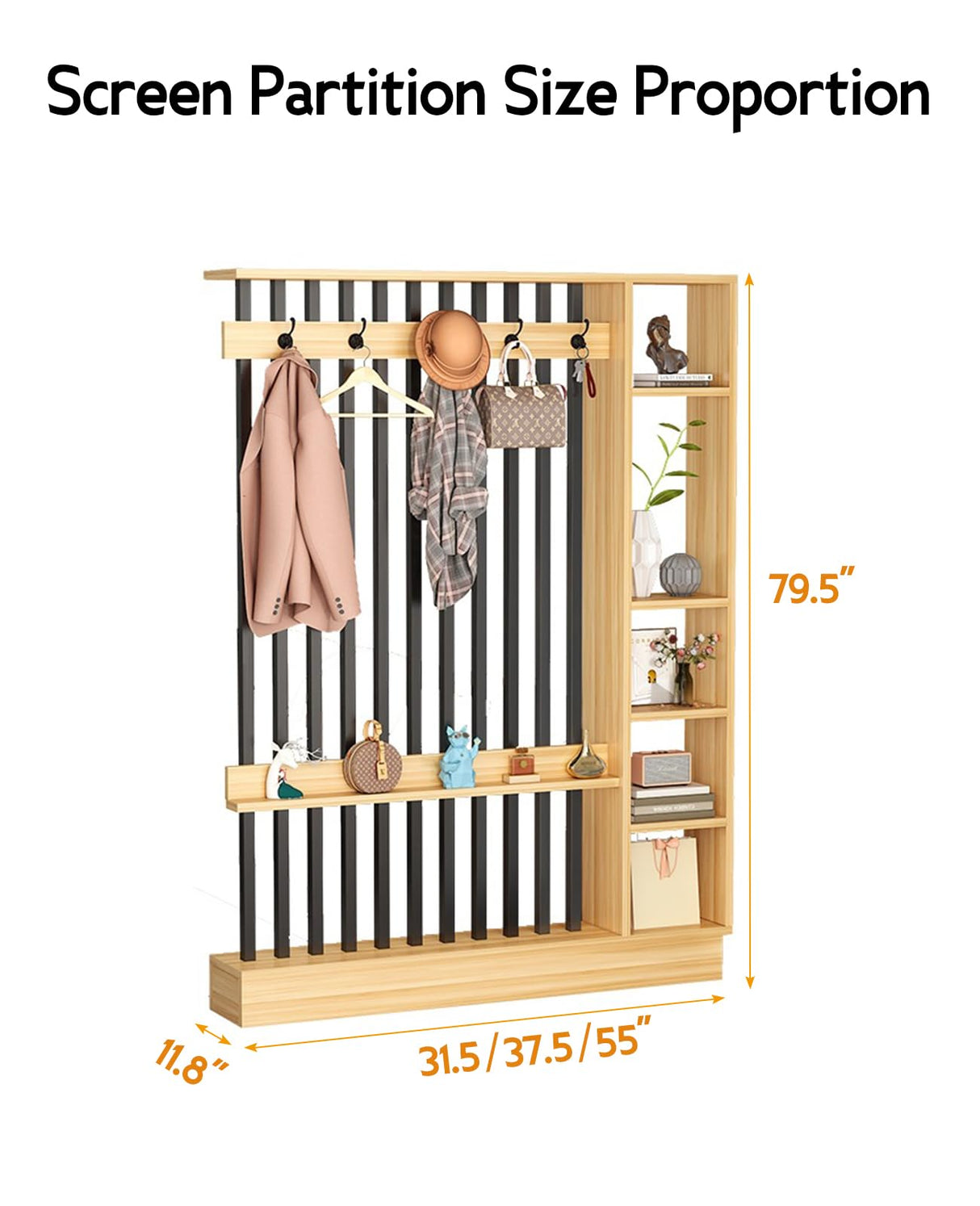 Wall Room Divider, Modern Freestanding Wood Room Divider Screen with Coat Rack Cabinet and Display Shelf for Home Office Decorative (Khaki,39.5" L x 11.8" W x 79" H) Kavie