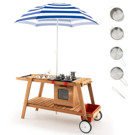 Costzon Mud Kitchen with Removable Umbrella, Wooden Play Kitchen with Wheels, Sink, Accessories, Toddler Backyard Role Play Cooking Cart, Outdoor Kids Kitchen Playset (Blue) Costzon