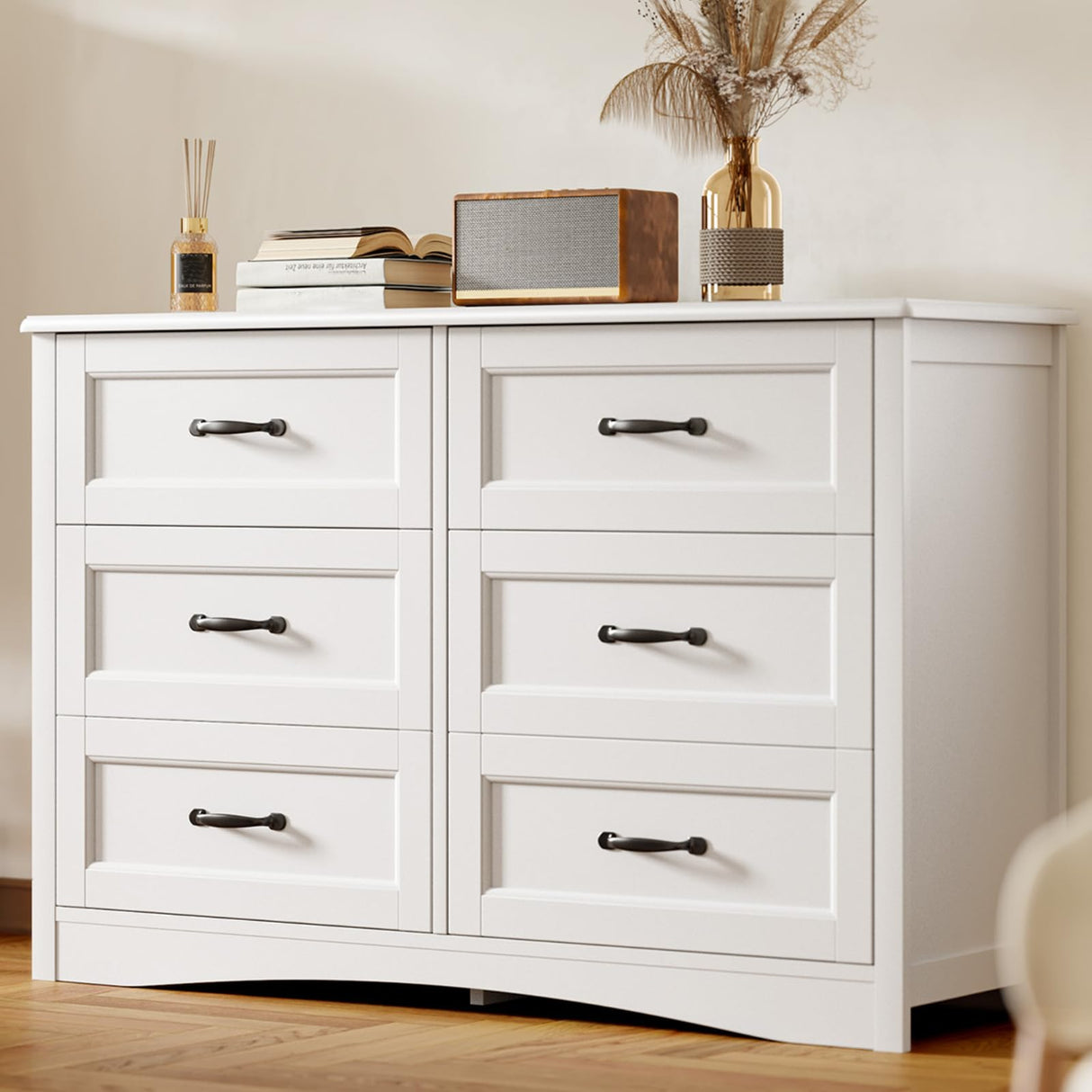 Gizoon 6 Drawer Dresser for Bedroom，47'' Larger Chest of Drawers with Mental Handle for Kids Room, White Dresser with 6 Storage Drawers for Living Room, Entryway and Hallway, White Gizoon