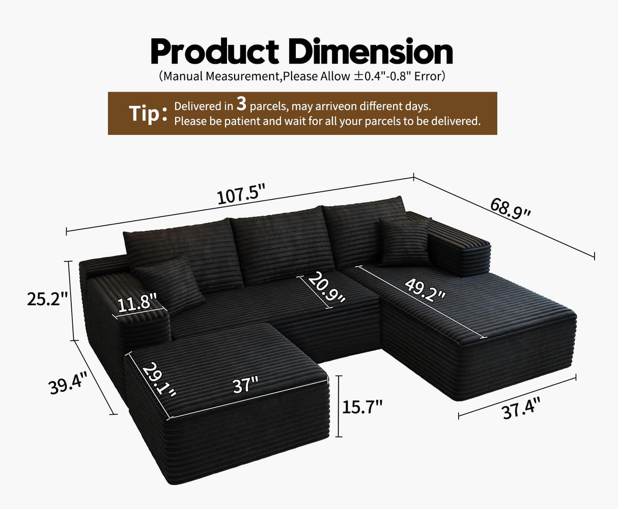 107.5" Cloud Modular Sectional Sofa with 1 Ottoman,Modern Minimalist Upholstered Couches, Comfort U Shaped Sofa for Living Room,Deep Seat Corner Couch，No Assembly Required (Black,Right Facing Chaise) Settab