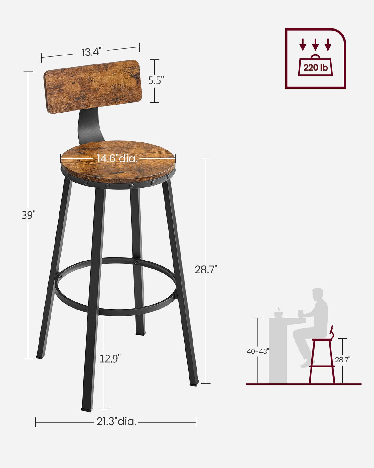 VASAGLE Bar Stools Set of 2, Bar Height Barstools with Back, Counter Stools Bar Chairs with Backrest, Steel Frame, Easy Assembly, Industrial, Rustic Brown and Black ULBC026B01V1 VASAGLE