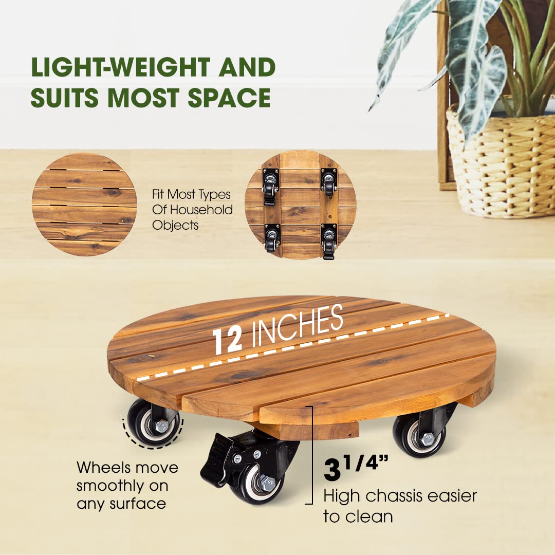 Idzo 2pack Wood Plant Caddy With Wheels Heavy Duty, 264 Lbs Capacity, 12 Inch Acacia Hardwood Plant Dolly, Plant Stand with 360° Lockable Wheels, Plant Caster for Heavy Objects Hauling - Natural Wood IDZO