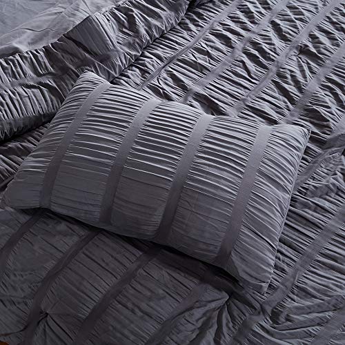 SLEEP ZONE Luxury Seersucker Queen Comforter Set 3-Piece, Soft & Lightweight Down Alternative Duvet Insert with Pillow Sham Cooling for Summer, Gray SLEEP ZONE
