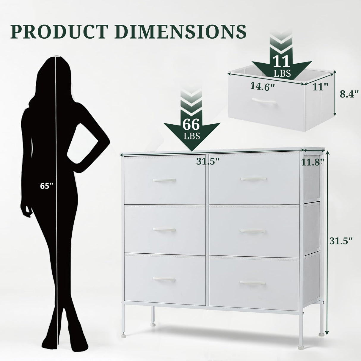 6-Drawer Dresser for Bedroom, Anti-Tip Wide Storage Organizer Chest of Drawers with Wooden Top and Metal Frame Fabric Bins for Closet, Living Room, Hallway, Entryway, White SageNest