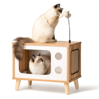 Cat House Wooden Condo Cat Bed Indoor TV-Shaped Sturdy Large Luxury Cat Shelter Furniture with Cushion Cat Scratcher Bell Ball Toys - WoodArtSupply