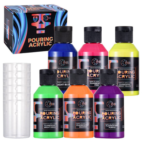 OPHIR Premixed Acrylic Pouring Paint Set, 3.8OZ/Bottle, High Flow Water-Based Pour Paint Supplies for Pouring on Canvas, Wood, Rocks, Light Blue, Fluorescent Pink Yellow Green Orange Purple, 6 Colors OPHIR