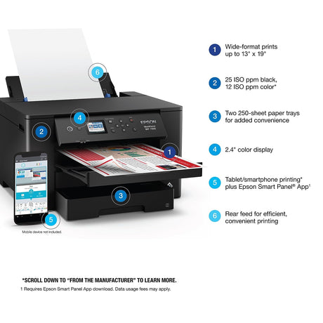 Epson Workforce Pro WF-7310 Wireless Wide-Format Printer with Print up to 13" x 19", Auto 2-Sided Printing up to 11" x 17", 500-sheet Capacity, 2.4" Color Display, Smart Panel App, Medium,Black Epson