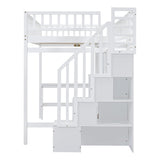 Full Loft Beds Stairway Loft Bed Frame with Wardrobe, Desk, Bookcase and Drawers, Gray Merax