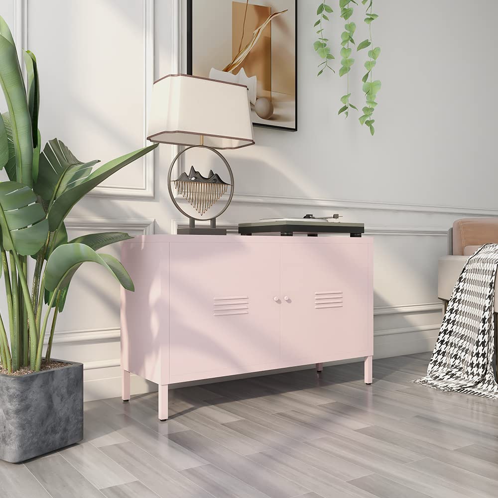 LINGZOE 2 Door Steel Storage Cabinet Pink TV Stand for Living Room,Metal Locker Storage Cabinet for Bedroom Balcony