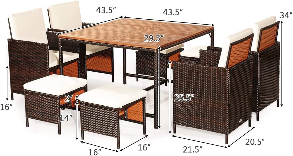 HAPPYGRILL 9-Pieces Patio Dining Set Outdoor Dining Furniture Set with Cushioned Seating, Space-Saving Dining Table with Acacia Wood Tabletop Rattan Wicker Chair and Ottoman Sets for Backyard - WoodArtSupply