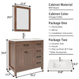 walsport 36 inch Bathroom Vanity with Ceramic Sink & Mirror, Wood Double Door Bathroom 5 Drawer Storage Vanity Combo Set, Brown walsport