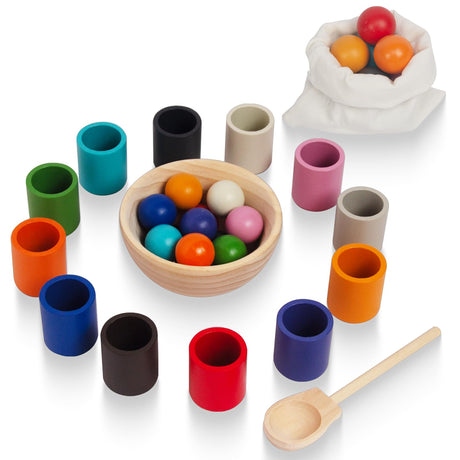 WOODENFUN Rainbow Balls in Cups Toddler Montessori Toys for 3 Year Old Up, Kids Preschool Wooden Matching Games for Learning Color Sorting and Counting WOODENFUN