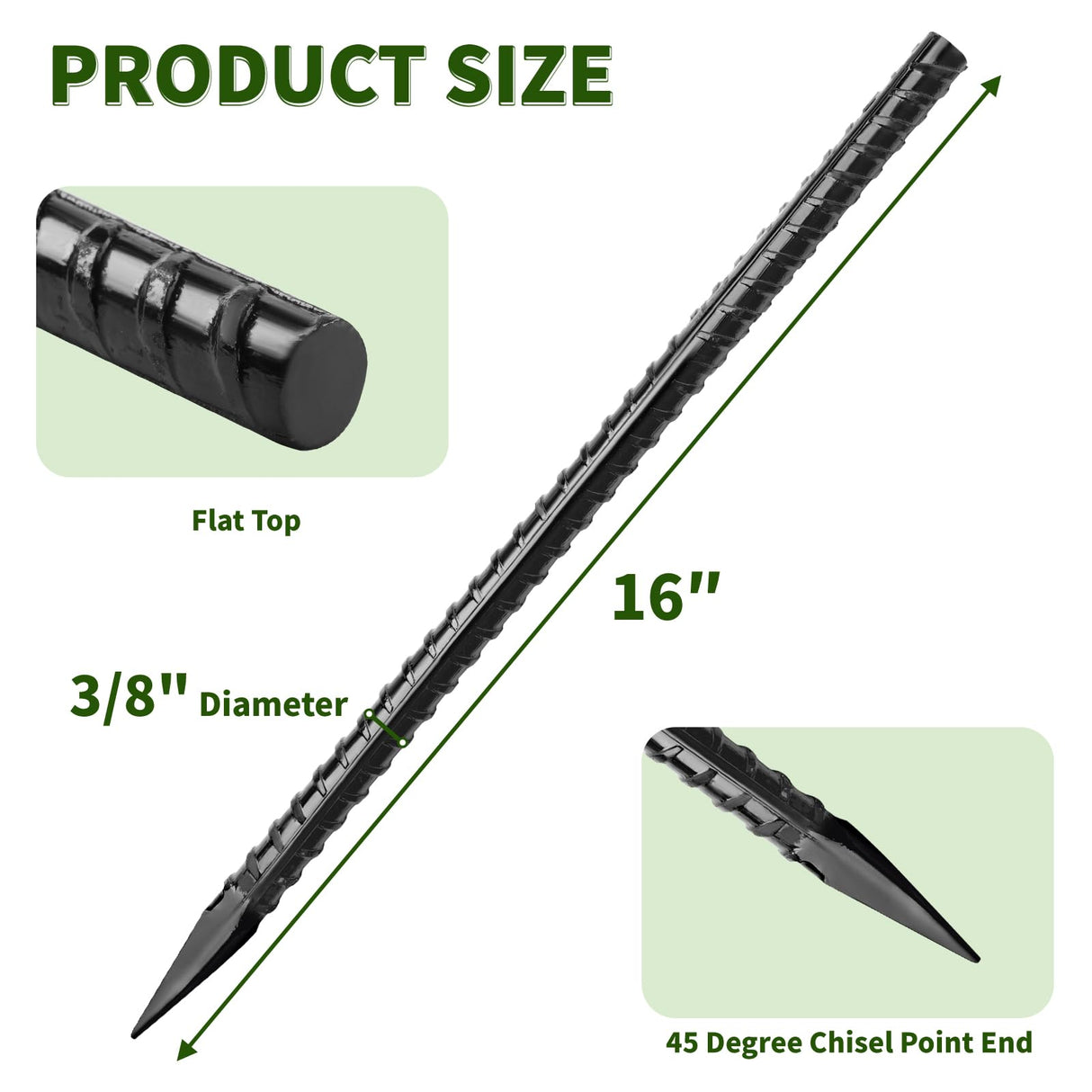 Besitu 16 inches Ground Rebar Stakes (16 pcs) Heavy Duty Metal Spikes for Concrete Timber Garden Plant, Long Straight Steel Stakes for Tent, 3/8" Thickness Ground Anchors with Chisel Point End, Black Besitu