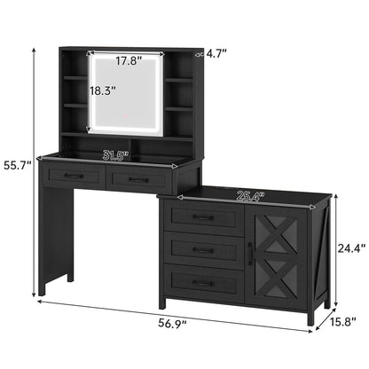 BTHFST Farmhouse Vanity with Glass Top, Vanity Desk with Mirror and Lights, Makeup Vanity with Charging Station, Vanity Table with 5 Drawers & Shelves & Cabinet, Wood-Grain Black - WoodArtSupply