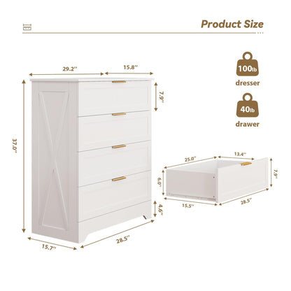 FTZxHKLX White 4 Drawer Dresser for Bedroom, Tall Bedroom Dresser with Large Drawer & Golden Handles, Wooden Storage Organizer Cabinet Chest of Drawer for Closet, Living Room, Hallway, Childr - WoodArtSupply