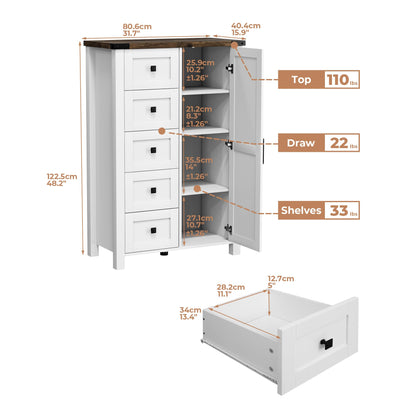 VVFLU Farmhouse Dresser Storage Cabinet Chest of Drawer for Bedroom, 5 Drawer Dresser with Barn Door, 48 Inch Tall White Wood Dresser, Adjustable Shelves, Rustic, for Living Room, Entryway, H - WoodArtSupply