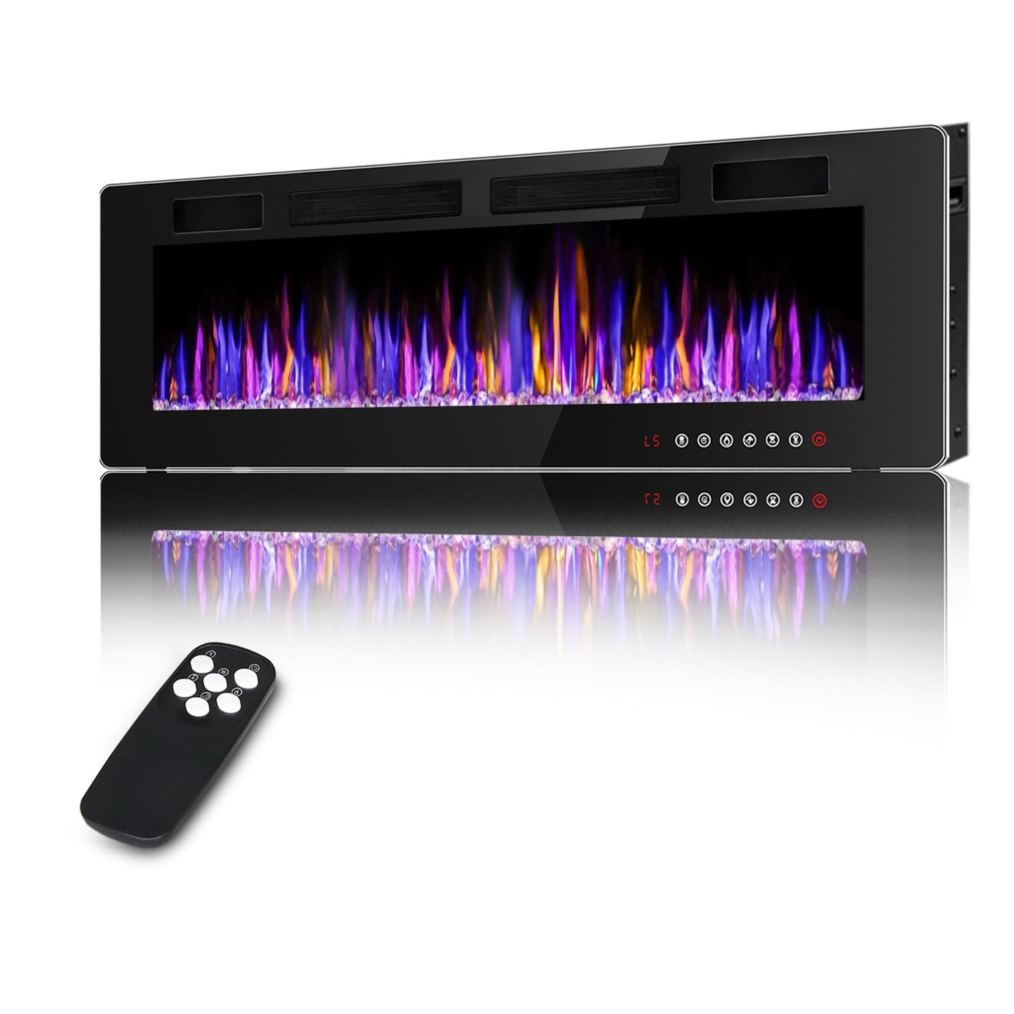 BOSSIN 72" Electric Fireplace Wall Mounted and Recessed with Remote Control, Low Noise, 750/1500W Ultra-Thin Wall Fireplace Heater and Timer Adjustable Flame Color and Brightness with Crystal