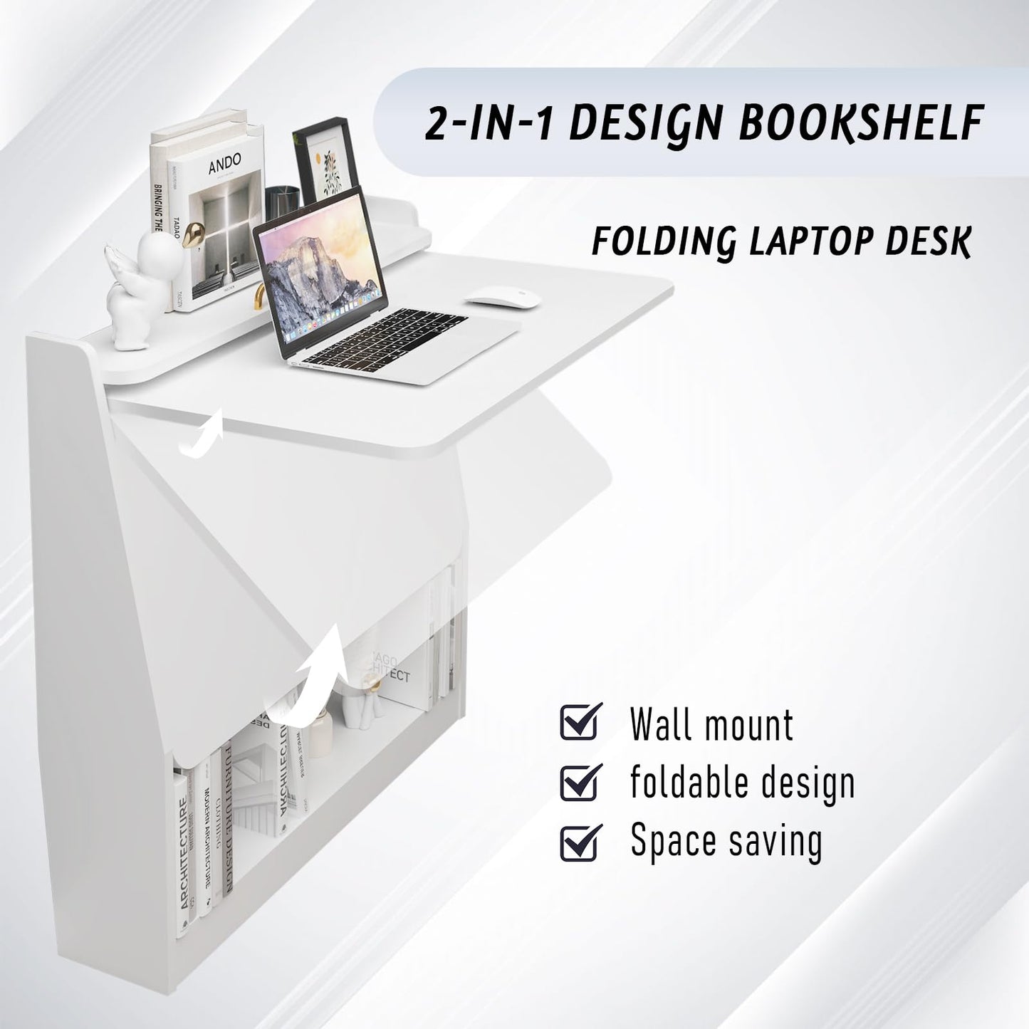 Wall-Mounted Folding Desk with Storage Shelf - Space-Saving Wooden Design in White - WoodArtSupply