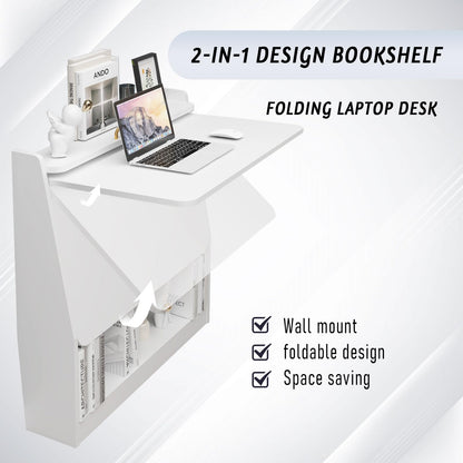 Wall-Mounted Folding Desk with Storage Shelf - Space-Saving Wooden Design in White - WoodArtSupply